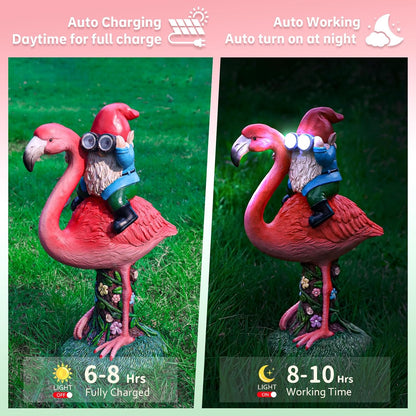 Solar Flamingo Gnome Garden Decor Statue, Outdoor Funny Solar Light Decoration for Yard, Patio