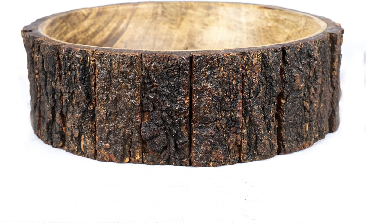 GoCraft Mango Wood Decorative Bowl with Tree Bark – 7.5" x 2.75" – Rustic Handmade Wooden Bowl for