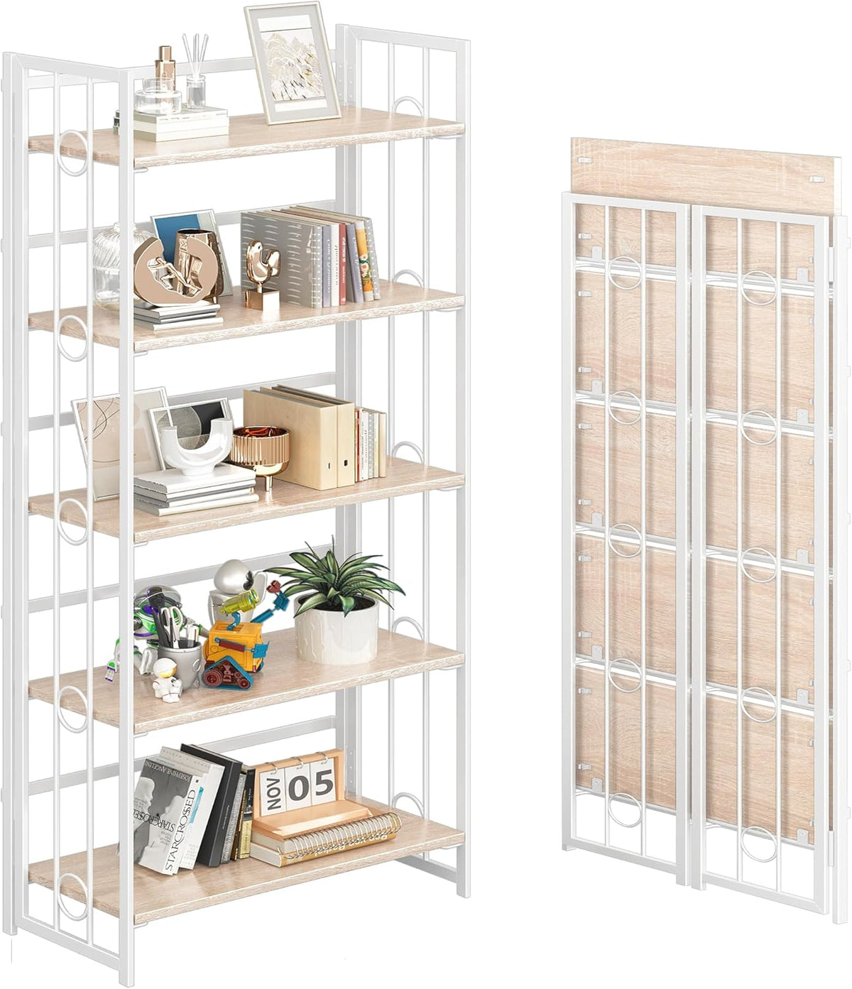 4NM No Assembly 5 Tiers Folding Bookshelf, 59.4" H Foldable Storage Shelves Vintage Bookcase