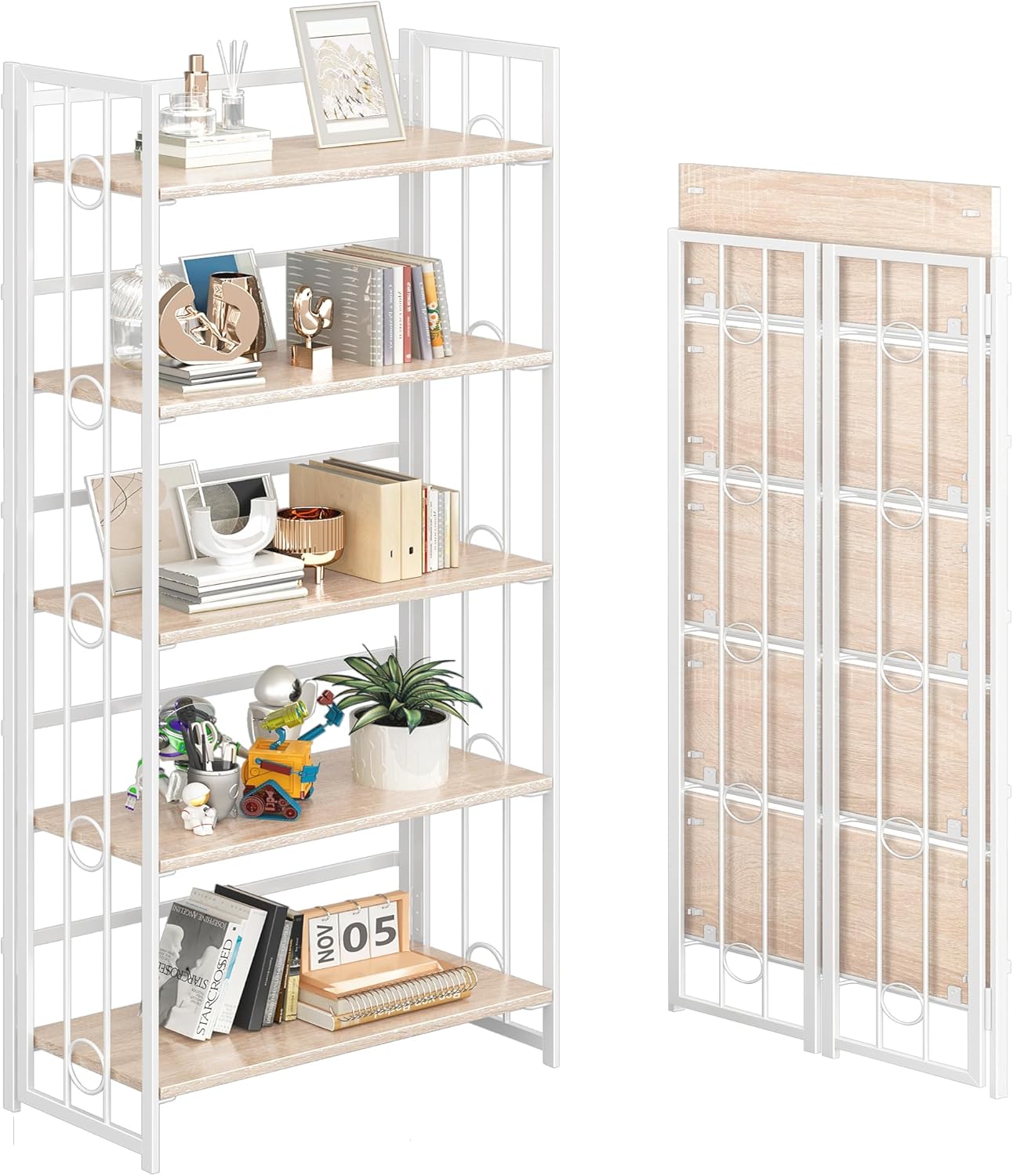 4NM No Assembly 5 Tiers Folding Bookshelf, 59.4" H Foldable Storage Shelves Vintage Bookcase