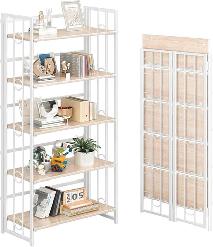 4NM No Assembly 5 Tiers Folding Bookshelf, 59.4" H Foldable Storage Shelves Vintage Bookcase