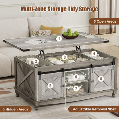 48" Farmhouse Lift Top Coffee Table with Storage Sliding Barn Door & Large Hidden Compartment