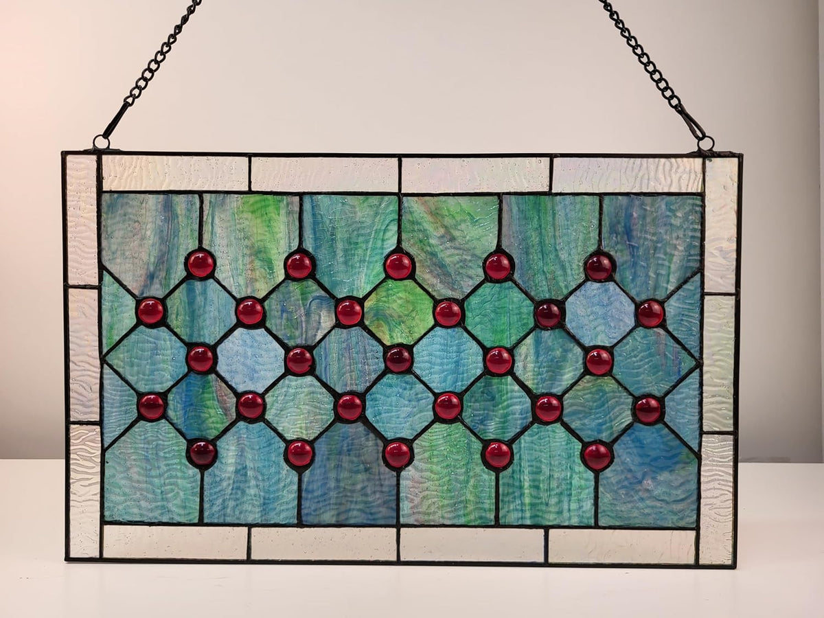 Tiffany-Style Stained Glass Window Panel, 100% Genuine Stained Glass and Cabochon, Handcrafted 73