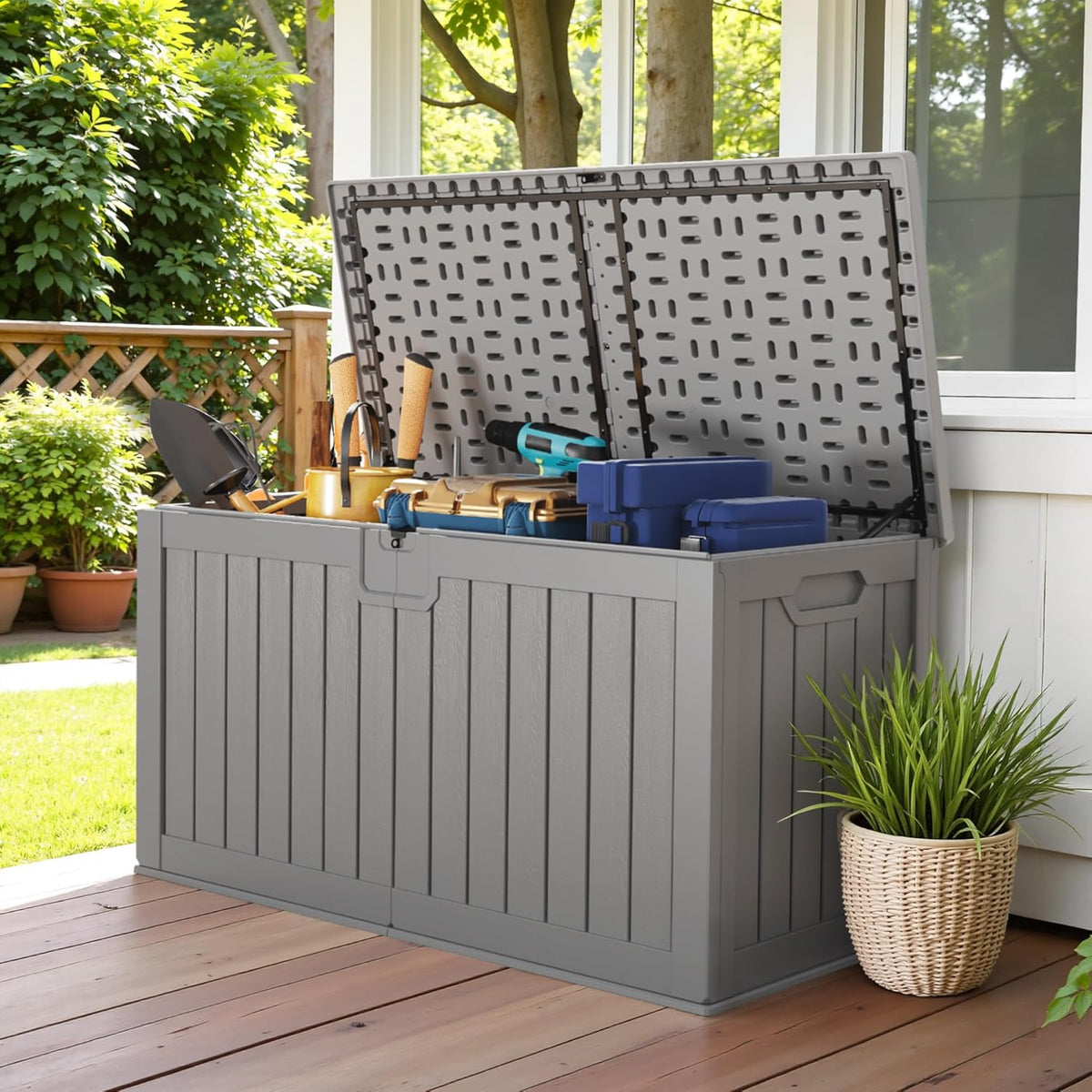 Devoko 240 Gallon Double-Wall Deck Box with Divider, Side Handles, Resin Outdoor Large Storage Box