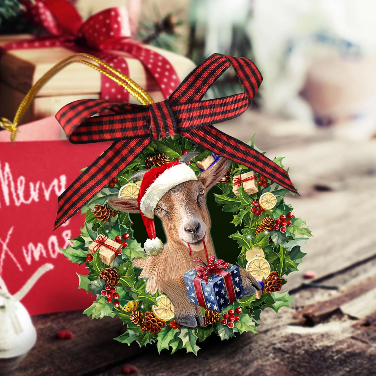 Talataca Goat Wearing A Christmas Hat Wreath Farm Animal Lover 2D Flat Christmas Tree Wood Ornament