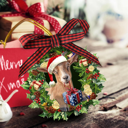 Talataca Goat Wearing A Christmas Hat Wreath Farm Animal Lover 2D Flat Christmas Tree Wood Ornament