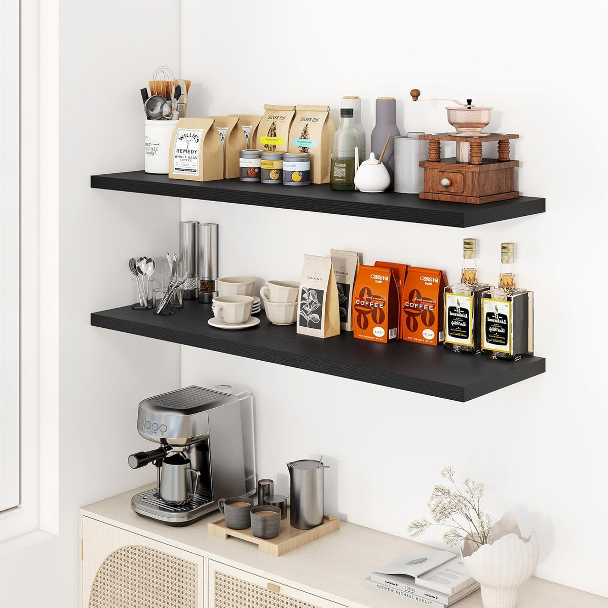 48" Floating Shelves for Wall, 12" Deep Slim Black Floating Shelves, Wall-Mounted Shelves for