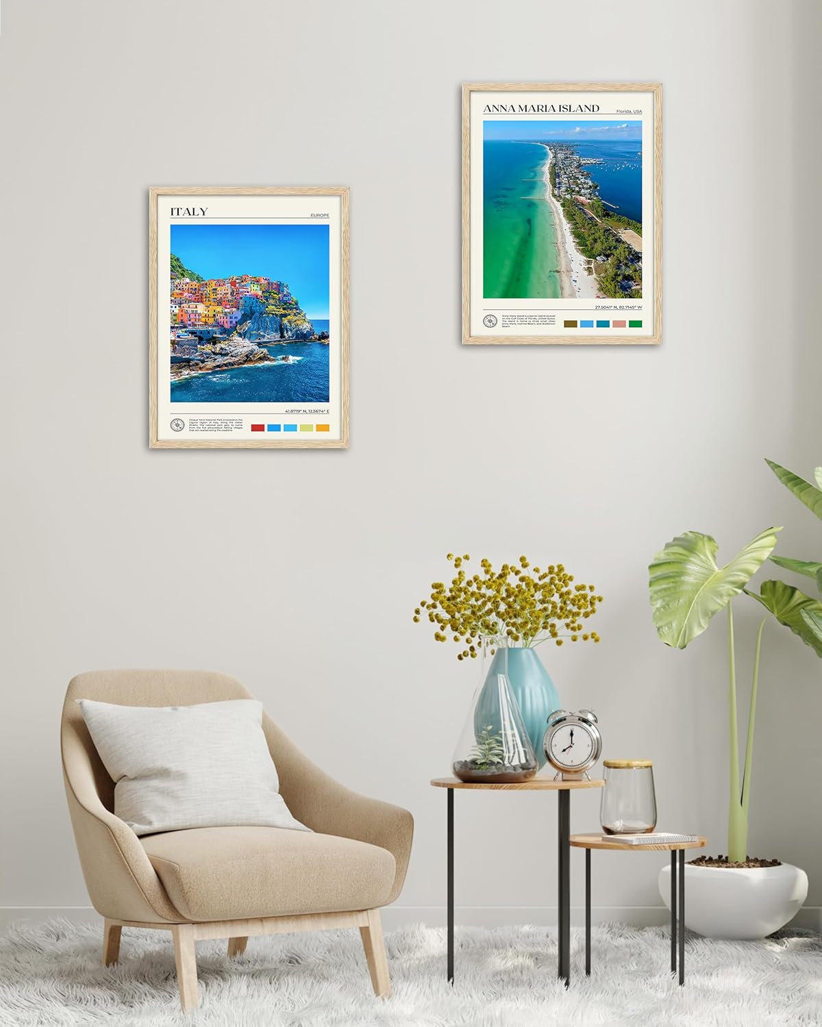 HesenDot Natural OAK Wood Framed Cinque Terre National Park Wall Art,12x16in Italian Natural