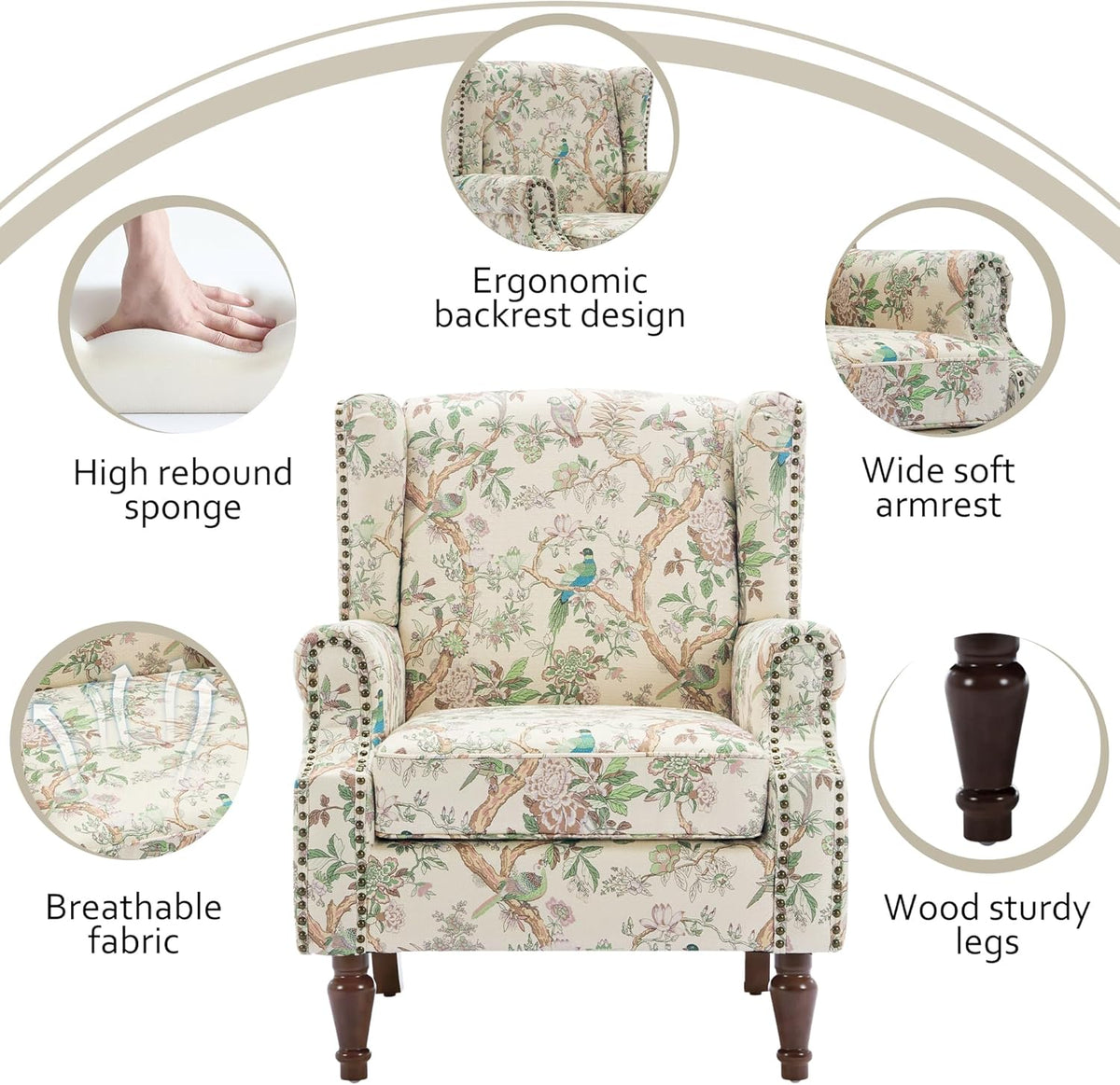 Lumibee High Back Accent Chair, Armchair in Fabric,Comfy Upholstered Wingback Single Sofa Reading