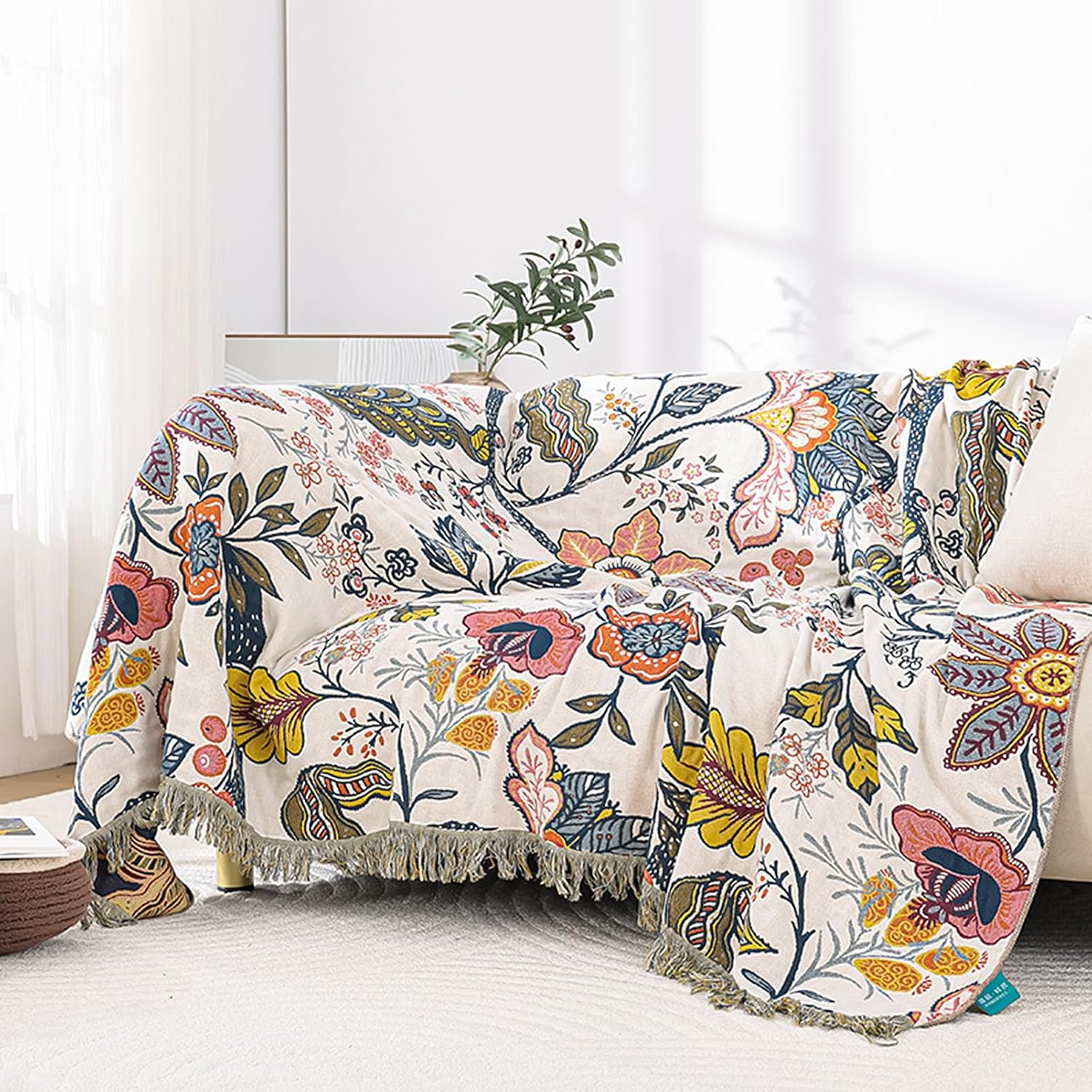 Snycler Boho Throw Blanket for Bed, 100% Organic Cotton Muslin Soft Throw-Floral Farmhouse Rustic