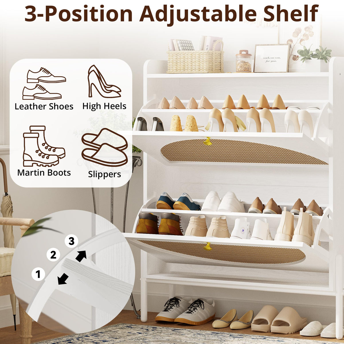 IRONCK Rattan Shoe Cabinet Storage with 2 Flip Drawers, White