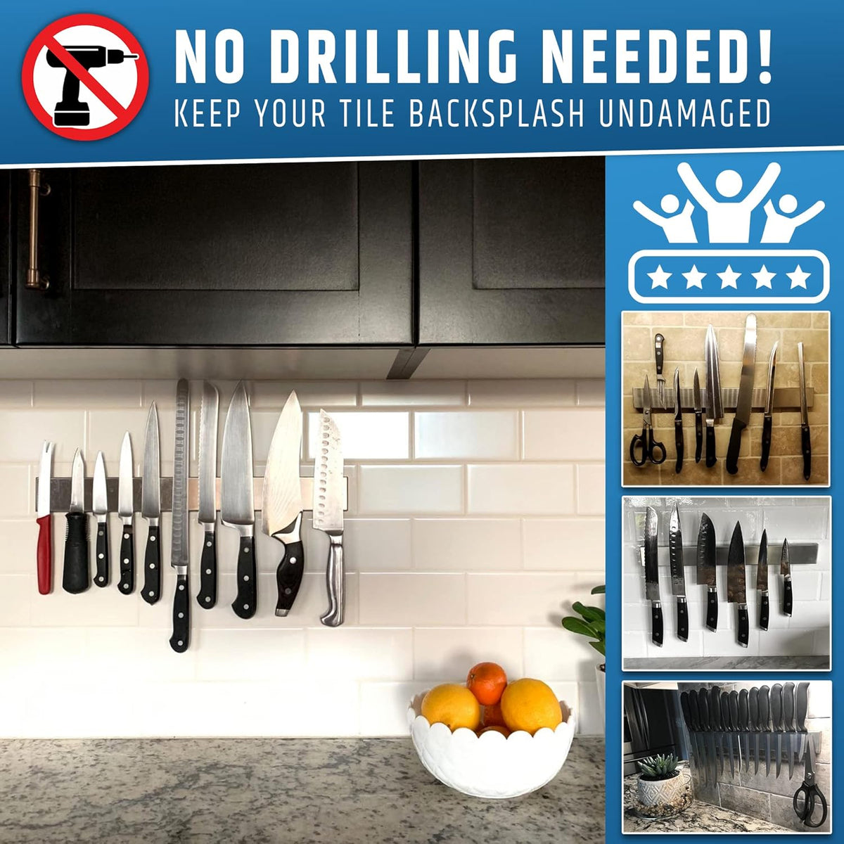 Strong Adhesive (No Drill) Magnetic Knife Holder for Wall - Professional 17 Inch Knife Strip - No