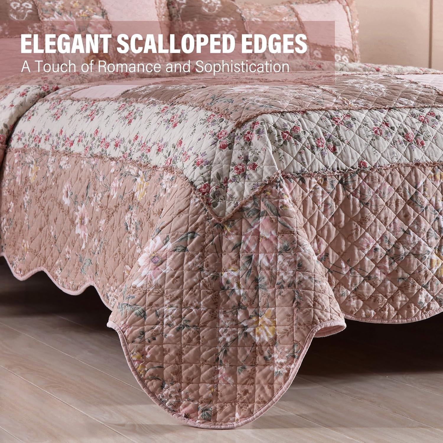 NEWLAKE Quilt Set Queen Size, Cotton Patchwork Pink Floral Quilt Sets, Real Stitched Embroidery