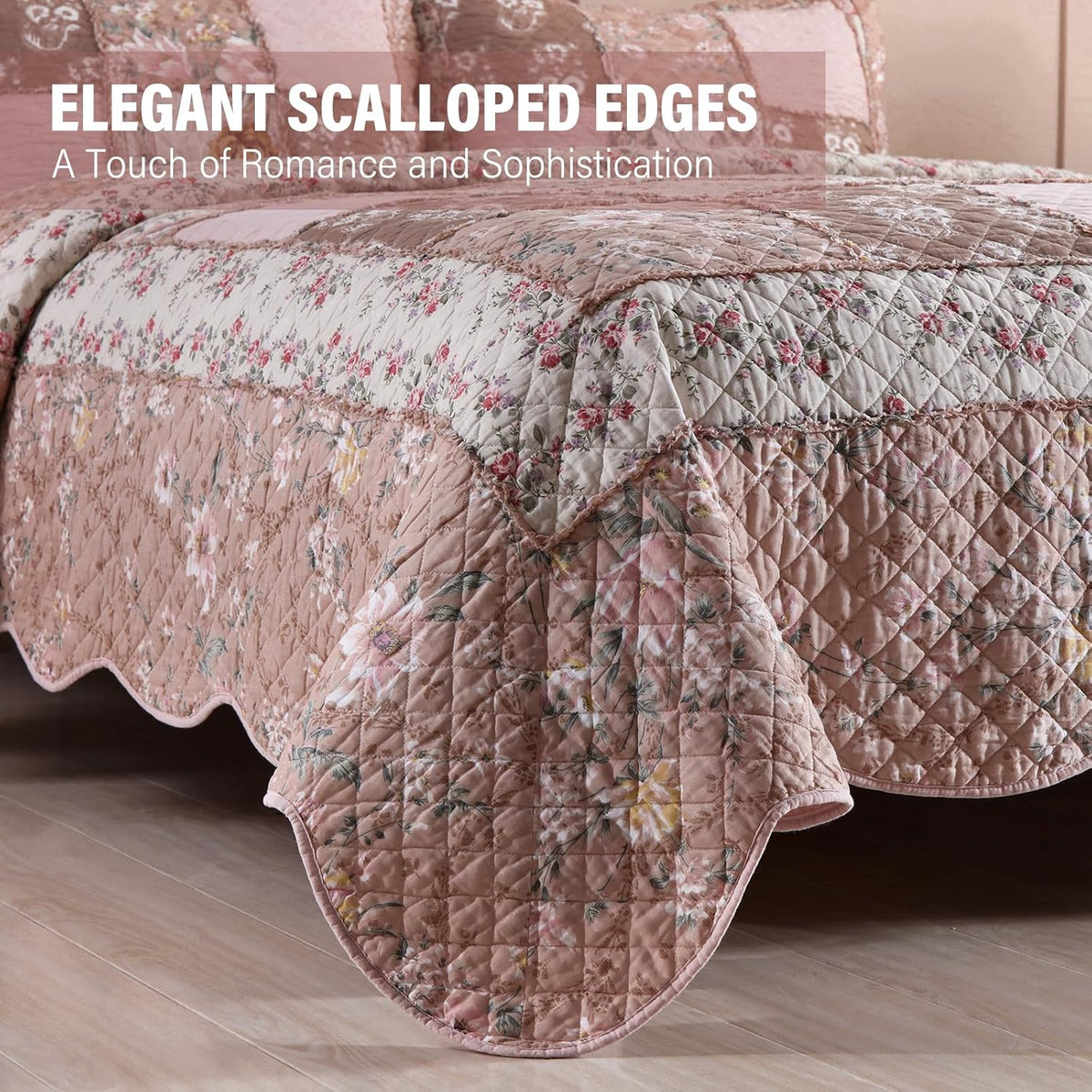 NEWLAKE Quilt Set Queen Size, Cotton Patchwork Pink Floral Quilt Sets, Real Stitched Embroidery