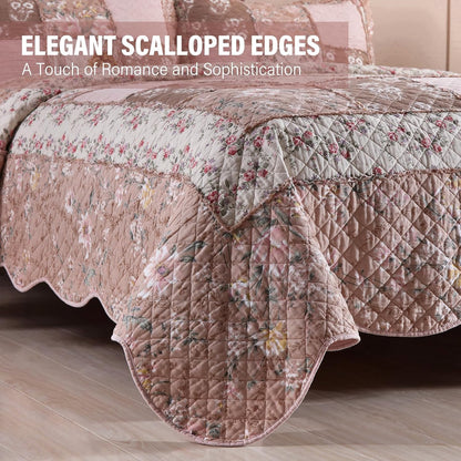 NEWLAKE Quilt Set Queen Size, Cotton Patchwork Pink Floral Quilt Sets, Real Stitched Embroidery