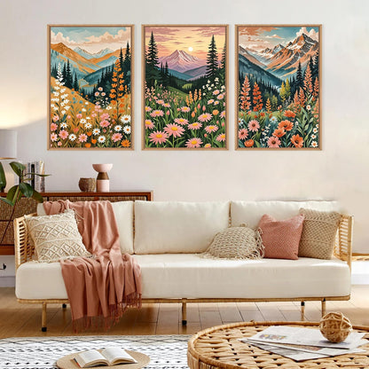 HPINUB Mountain Sunset Floral Framed Canvas Wall Art Set,Colorful Wildflower Daisy Flower Wall