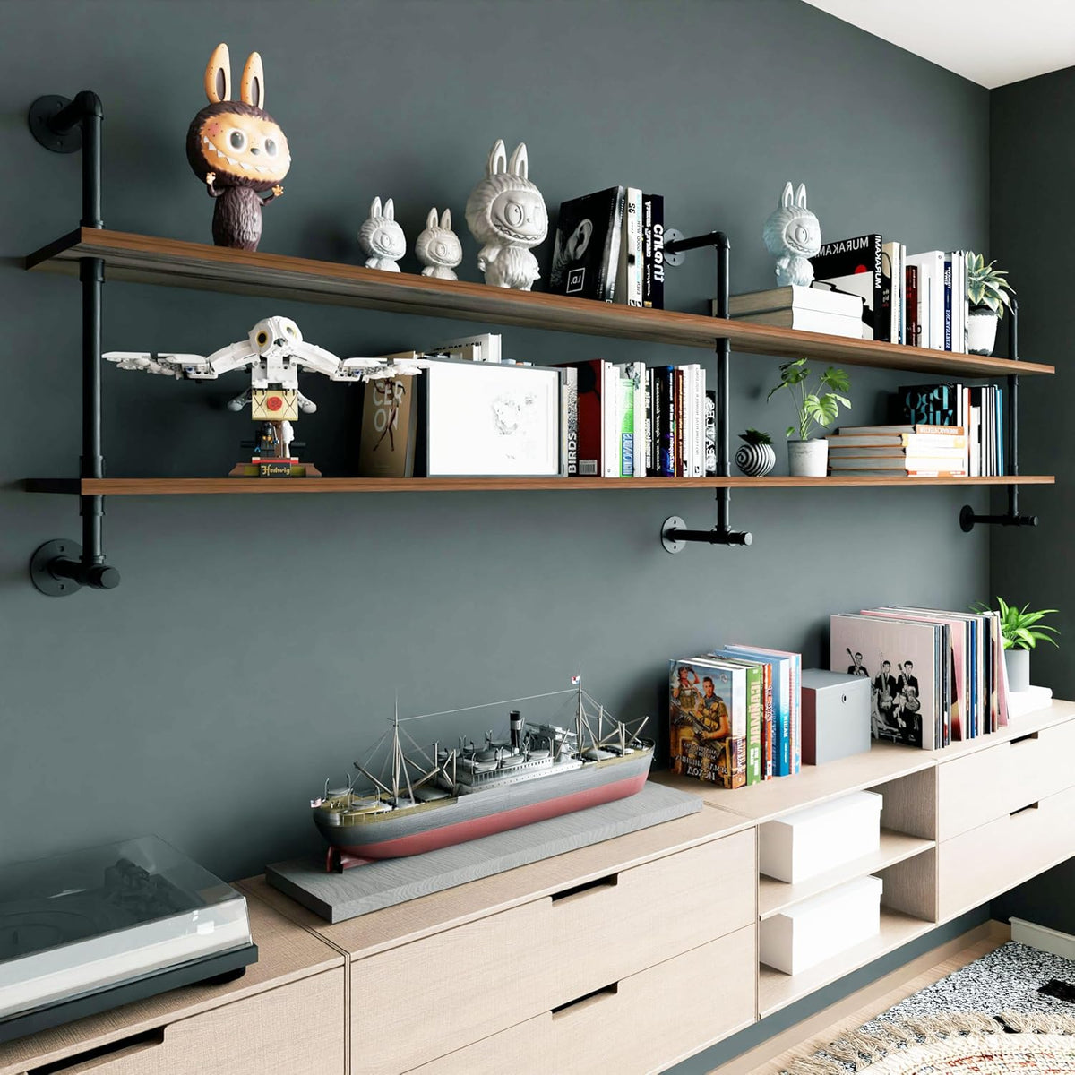 Industrial Pipe Wall Shelves Pipe Shelving with Real Wood Plank,70 Inches Floating Shelves for Wall