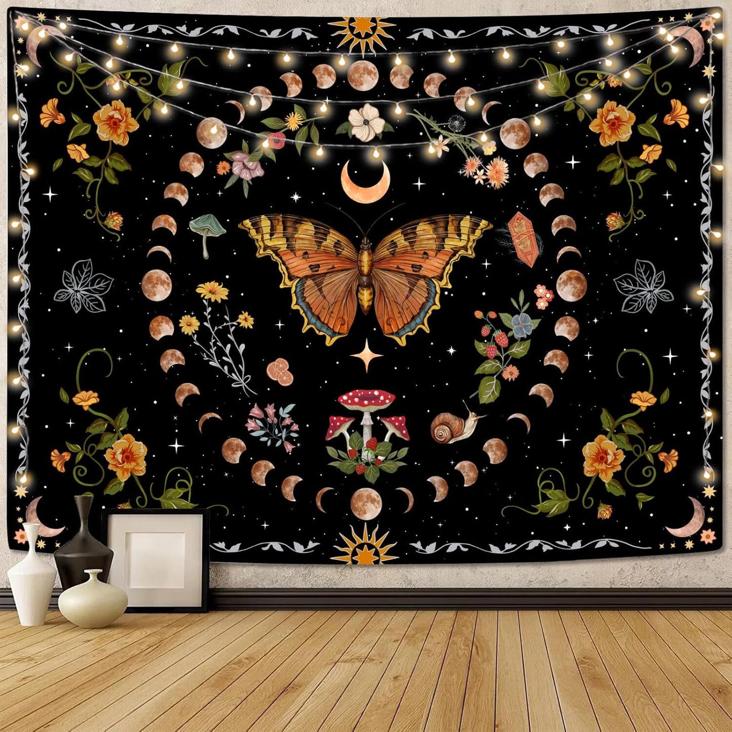 Aipon Orange Butterfly Moon Flower Tapestry Botanical Floral Plant Boho Tapestry for Bedroom