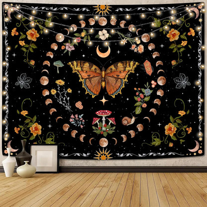 Aipon Orange Butterfly Moon Flower Tapestry Botanical Floral Plant Boho Tapestry for Bedroom