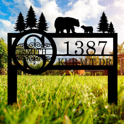 Personalized Custom Bear Wildlife Decor with Metal Stake - Address House Number Name Sign for