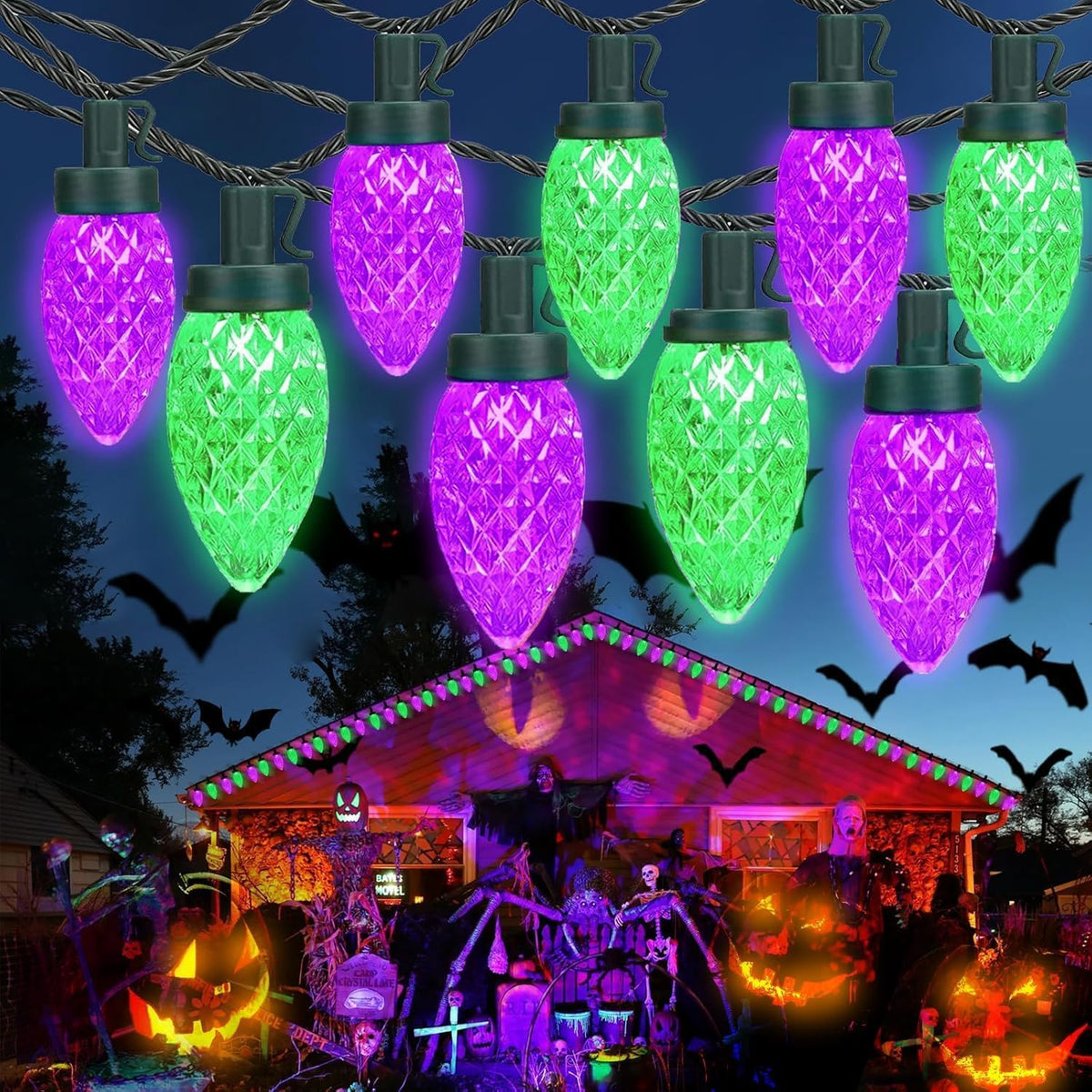 Extendable Purple and Green 2PK 100 LED C9 Halloween Lights Indoor Outdoor Waterproof, 98FT Super