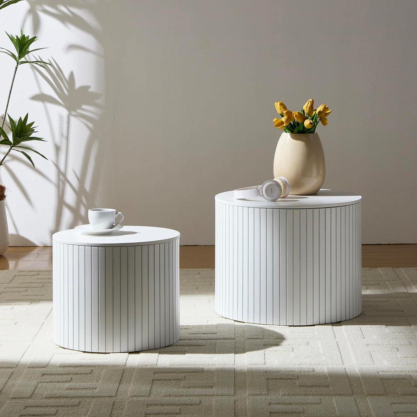 Round Coffee Table with Storage,19.17" Nesting Coffee Table Set of 2,Mid Century Modern End Table