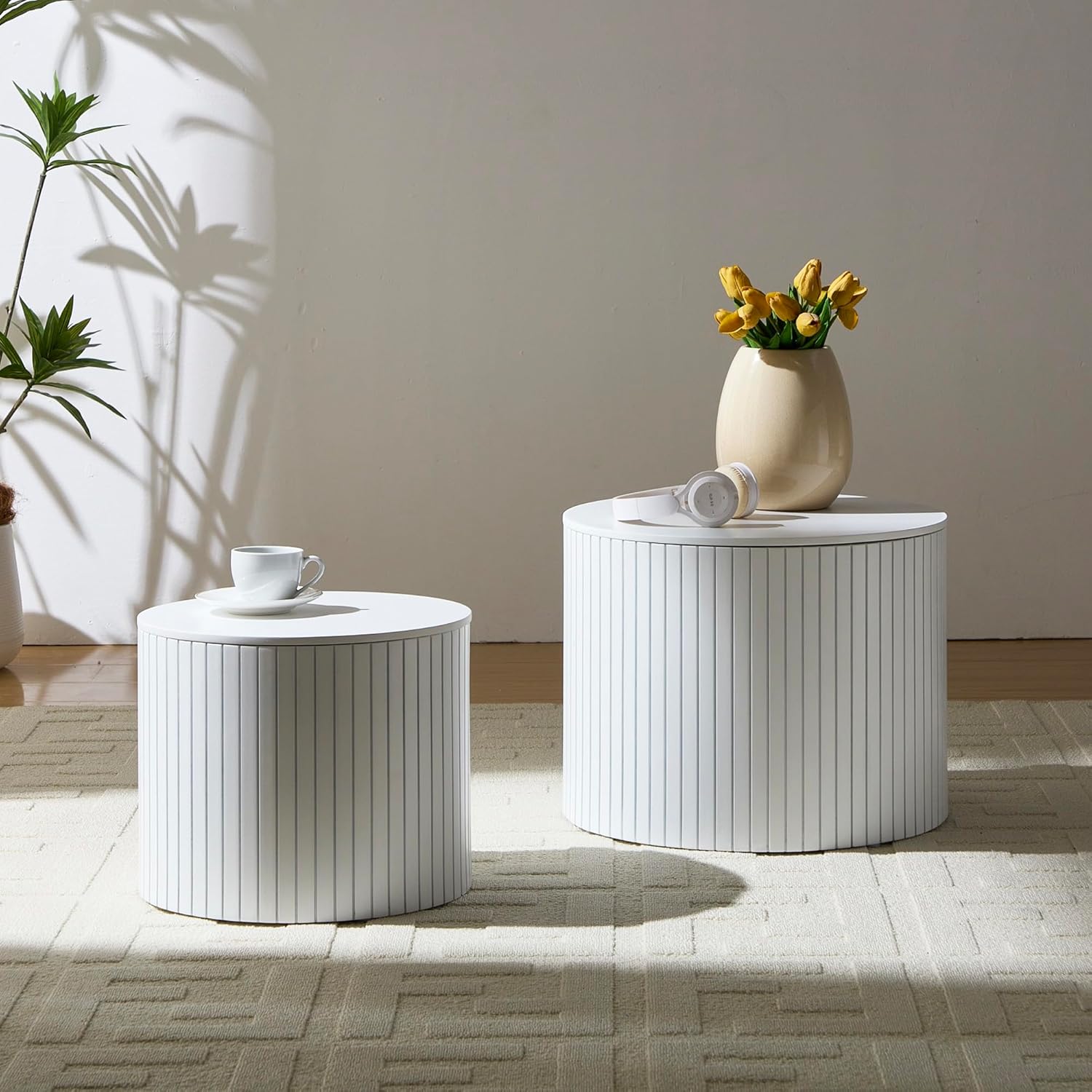 Round Coffee Table with Storage,19.17" Nesting Coffee Table Set of 2,Mid Century Modern End Table
