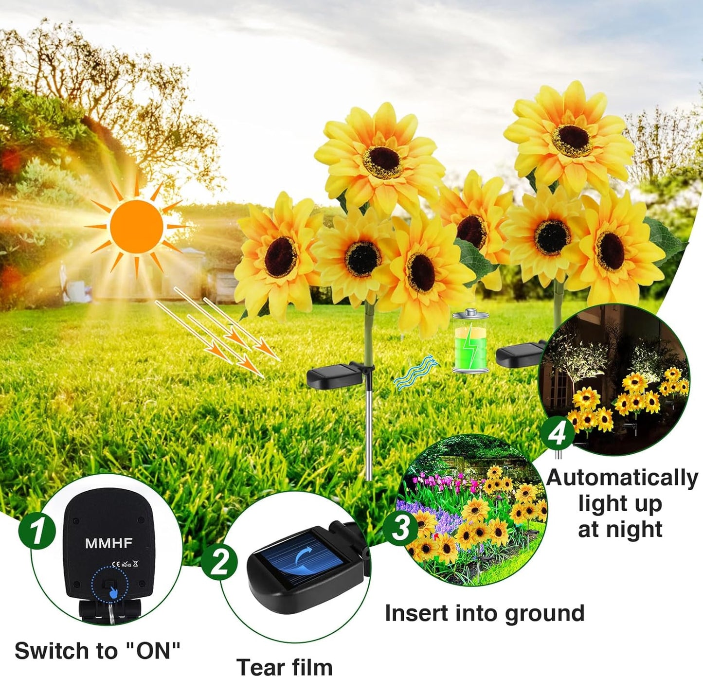 Outdoor Solar Garden Stake Lights,Upgraded LED Solar Powered Light with 3 Sunflower, Waterproof