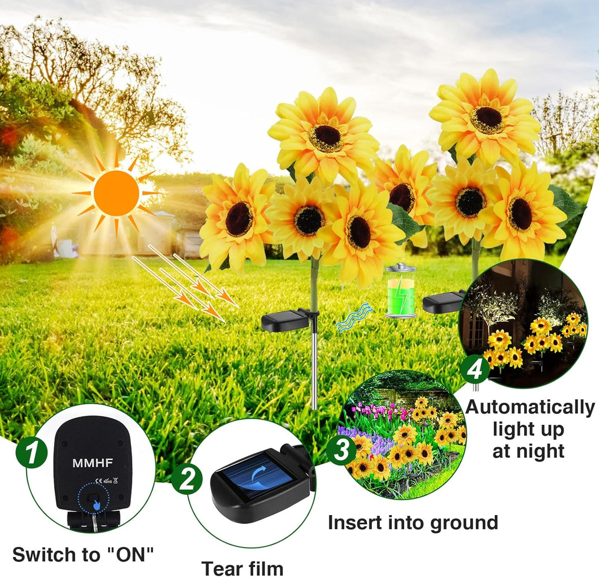 Outdoor Solar Garden Stake Lights,Upgraded LED Solar Powered Light with 3 Sunflower, Waterproof