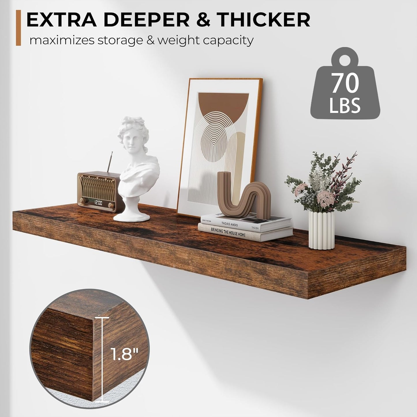 Fun Memories Floating Shelves - 2 Pack 12 Inch Rustic Wooden Wall Shelves - Extra Deeper & Thicker