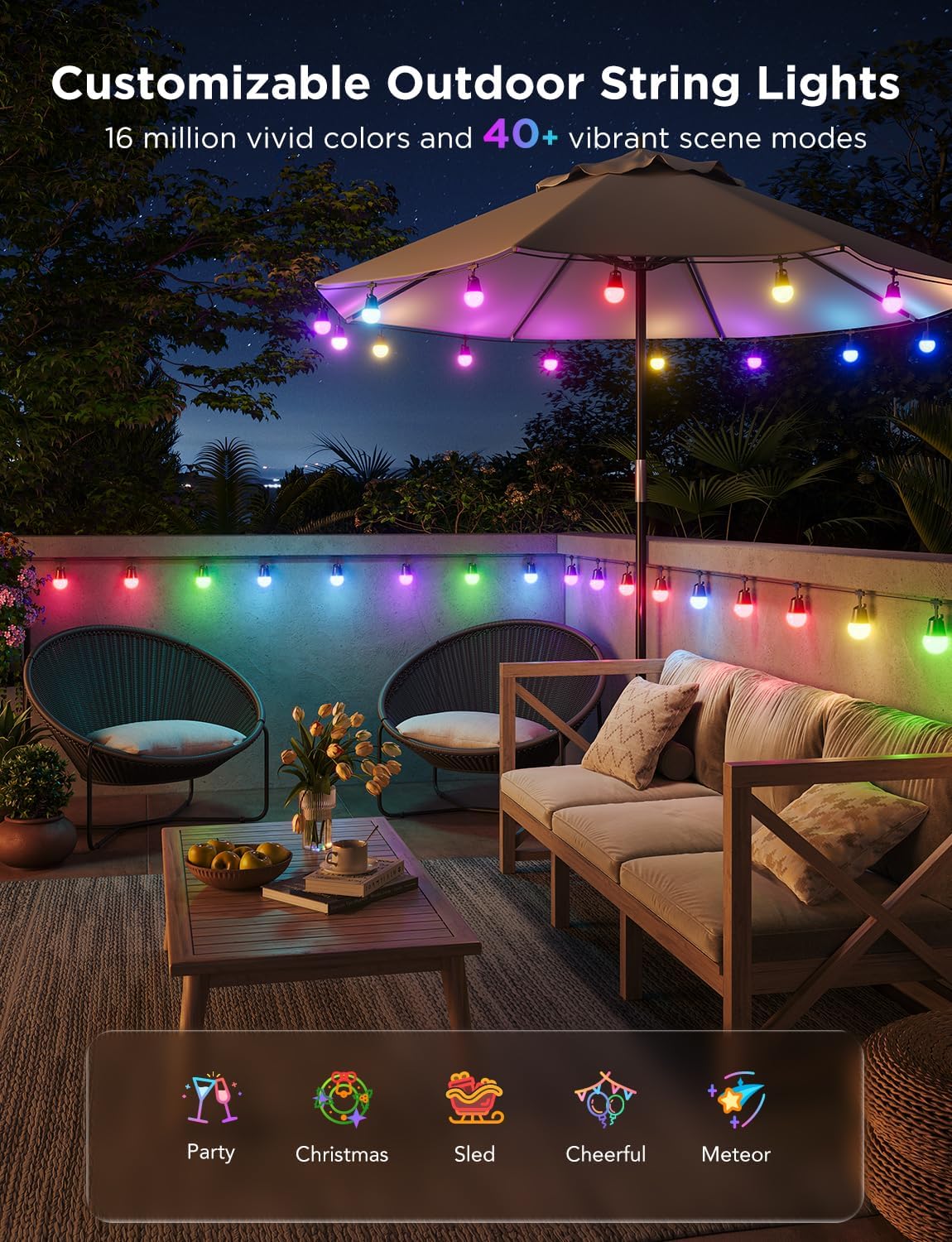 Govee Smart Outdoor String Lights 2, 96ft RGBIC Outdoor Lights with Dimmable Warm White LED Bulbs