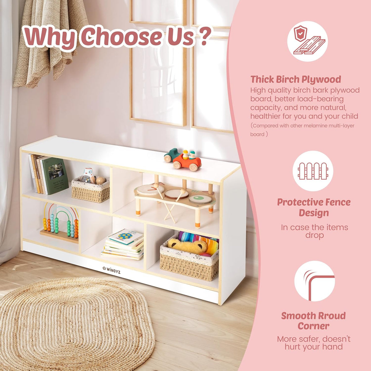 Toy Storage Organizer for Kids, 5-Compartment Wooden Storage Cabinet, Children Bookcase and
