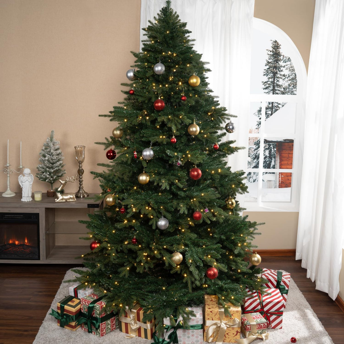 Naomi Home 7.5ft Rustic Christmas Tree with Lights, Realistic Classic Prelit with 3661 Branch Tips