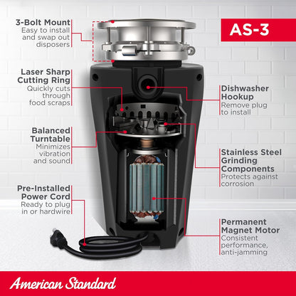 American Standard 10-US-AS-3 Garbage Disposal Anti-Jam Stainless Steel Food Waste Grinding System