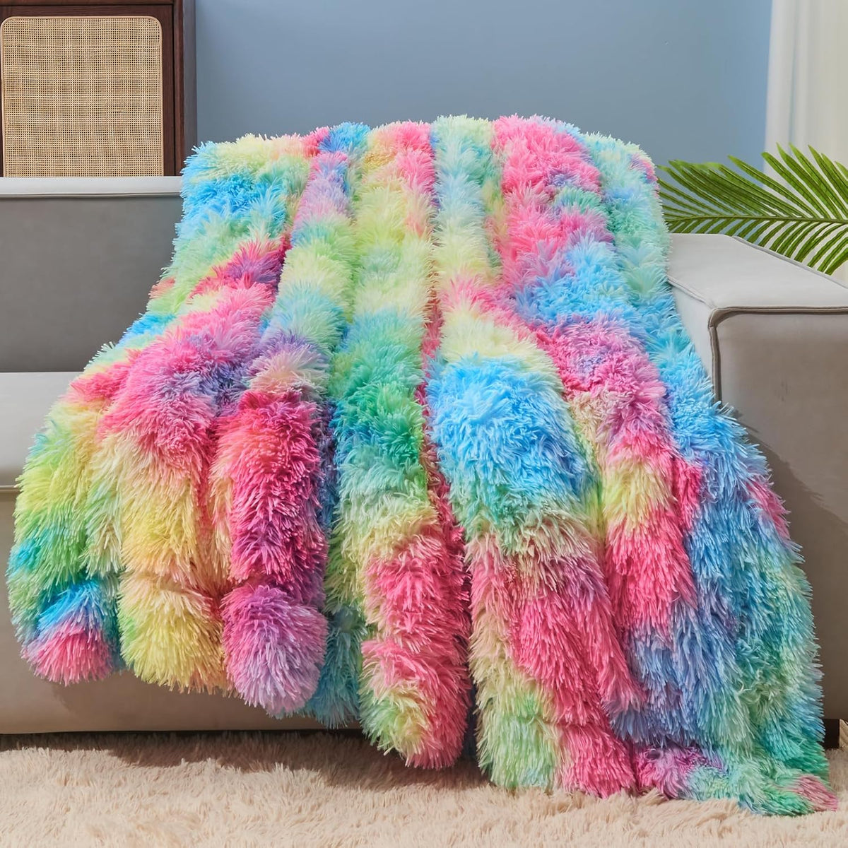 GONAAP Fuzzy Faux Fur Throw Blanket Twin Size Dark Rainbow Super Soft Cozy Plush Fuzzy Shaggy