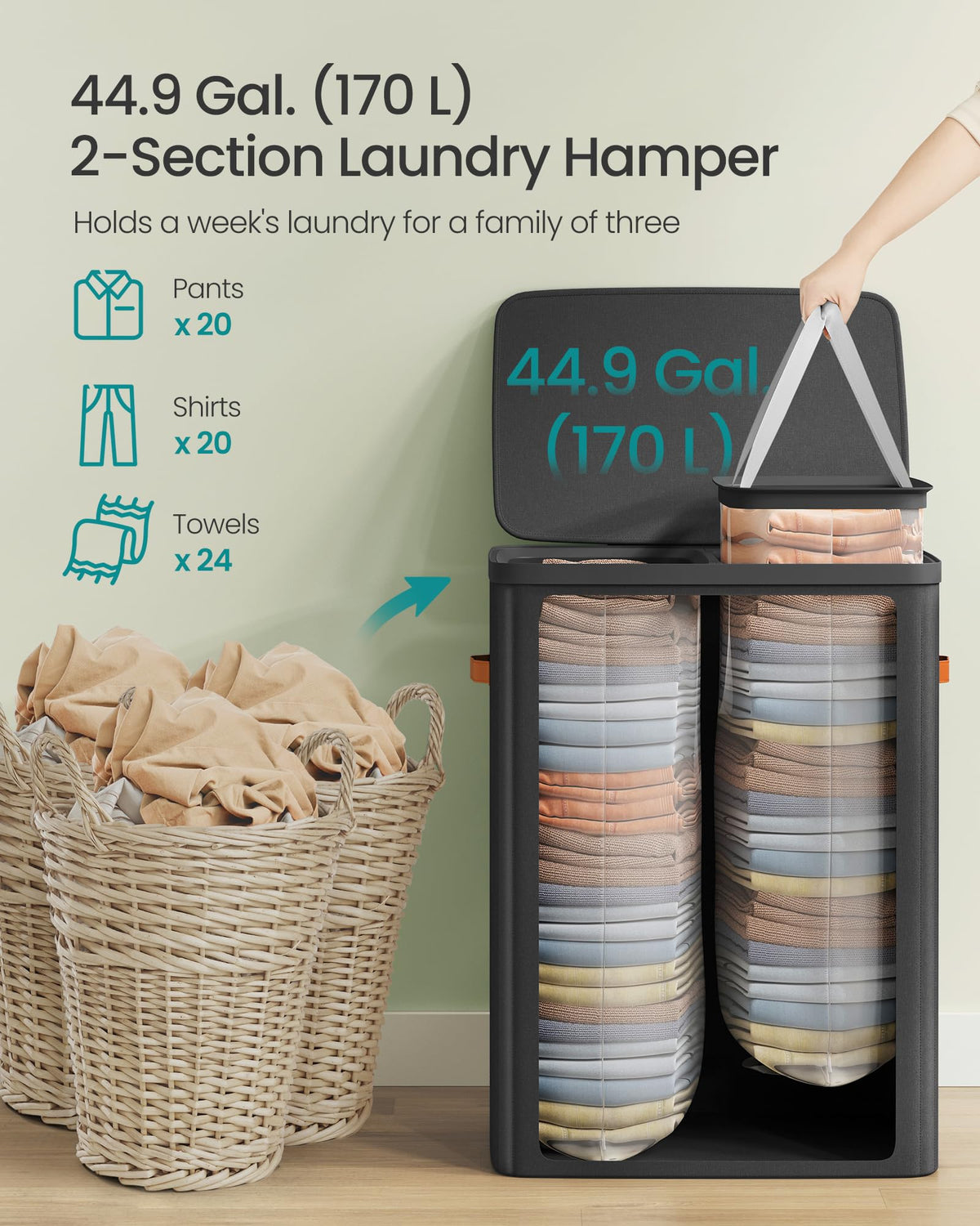 SONGMICS Laundry Basket, 44.9 Gal. Laundry Hamper, 2 Compartments, Easy Assembly, with Lid and