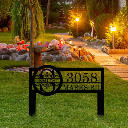 Personalized Metal Yard Address Sign with Last Name and Monogram, House Number Sign for Lawn and