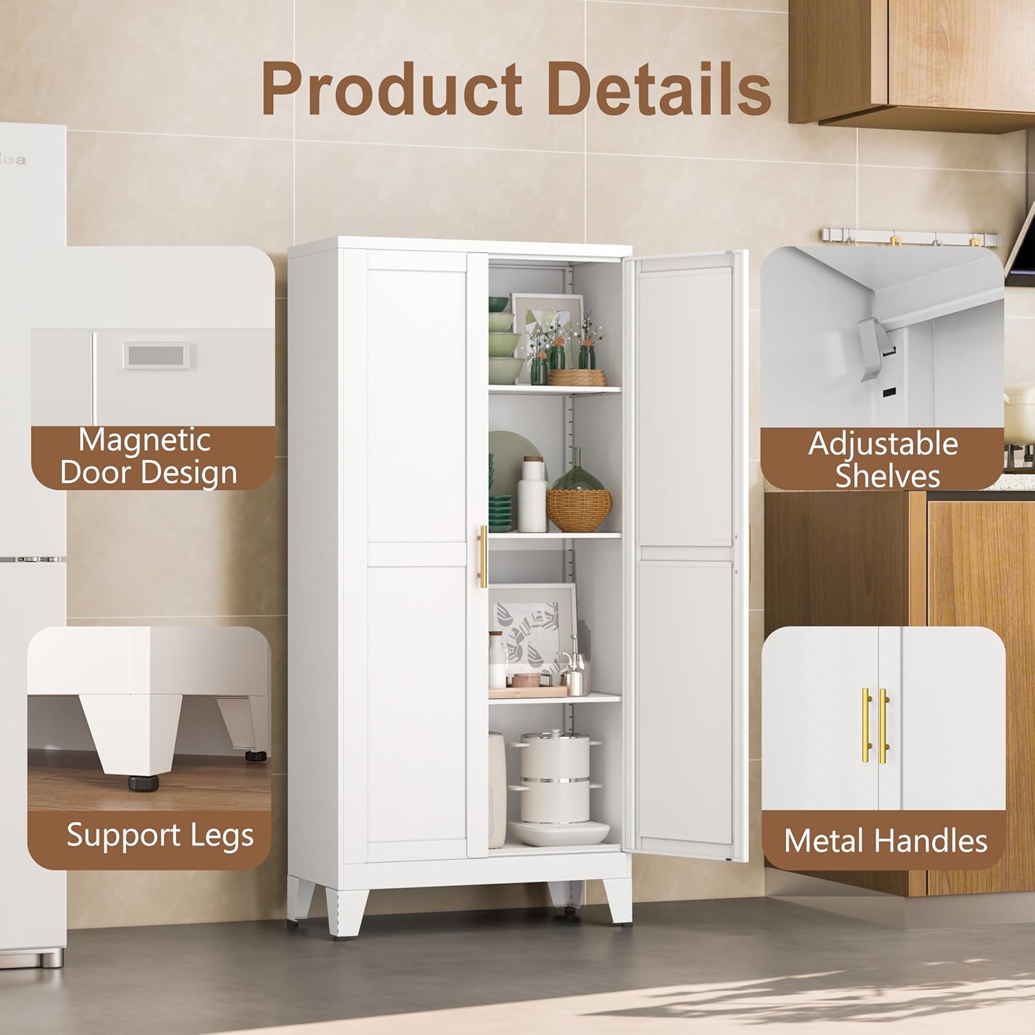 Metal Kitchen Pantry Storage Cabinet with 2 Doors and 3 Adjustable Shelves,Pantry Cabinet with