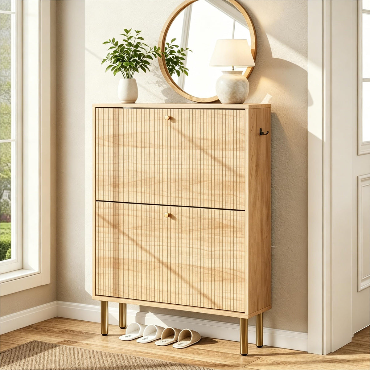 Nicetree Shoe Storage Cabinet for Entryway - Flip Shoe Cabinet with Tiered Fluted Design - Slim
