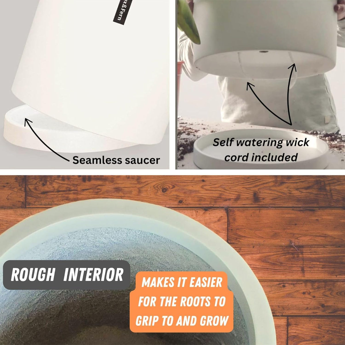 Fox & Fern 10 Inch Plant Pot with Hidden Saucer — Premium Lightweight Fiberstone Matte White Self