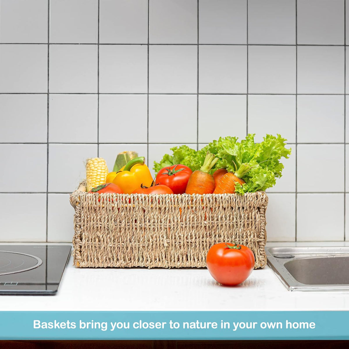 Natural Seagrass Storage Basket with Handle, Rectangular Woven Organizer Bin for Living Room or
