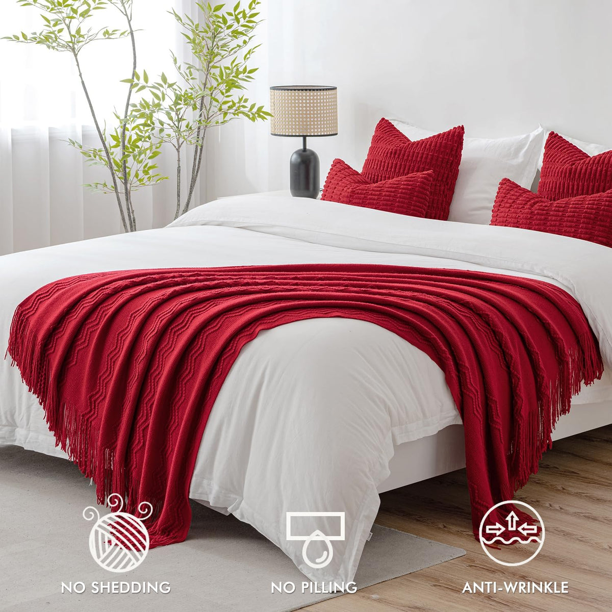 MIULEE Burgundy Red Knitted Throw Blanket for Couch Boho Textured Cozy Woven Blanket with Tassels