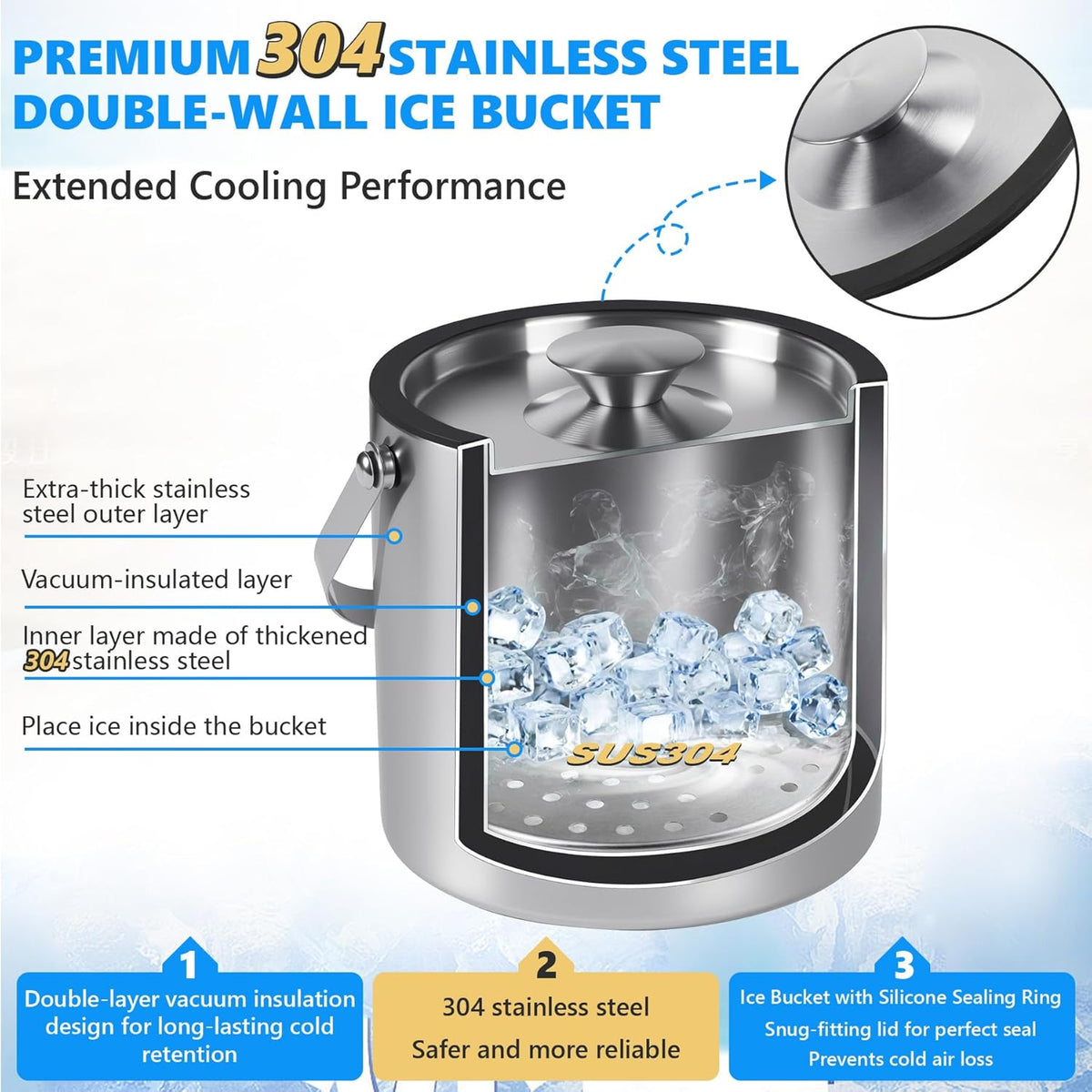 Ice Bucket, Ice Bucket with Silicone Sealing Ring Double-Wall Vacuum Insulation Champagne Buckets