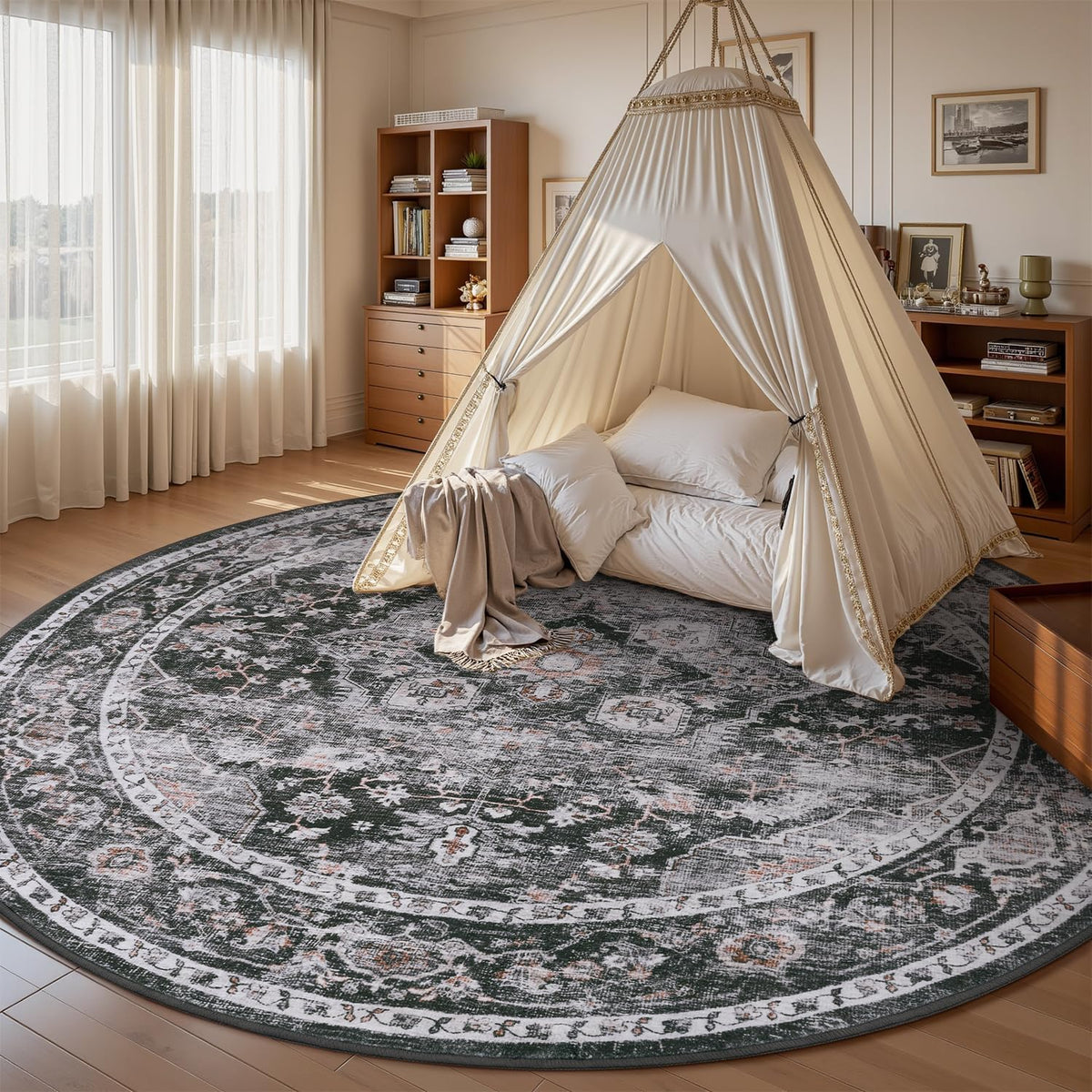 AMOAMI-6FT Round Rug-Rugs for Living Room-Vintage Soft Black Rugs for Bedroom-Non Slip Circle