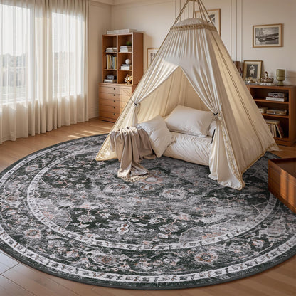 AMOAMI-6FT Round Rug-Rugs for Living Room-Vintage Soft Black Rugs for Bedroom-Non Slip Circle