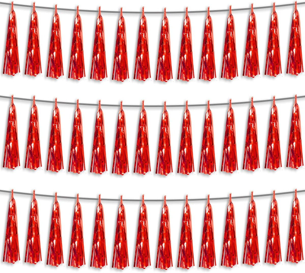 3P Red Foil Fringe Metallic Tassel Streamers Banner Tassel Garland for Parade Floats, Bachelorette