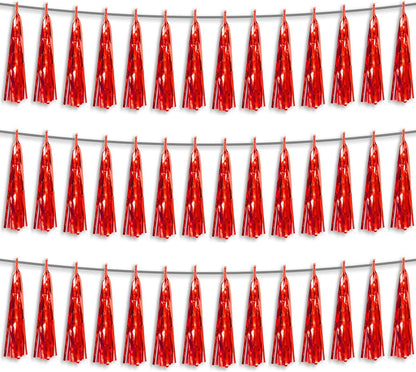 3P Red Foil Fringe Metallic Tassel Streamers Banner Tassel Garland for Parade Floats, Bachelorette
