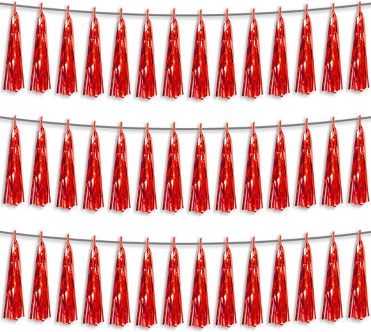 3P Red Foil Fringe Metallic Tassel Streamers Banner Tassel Garland for Parade Floats, Bachelorette