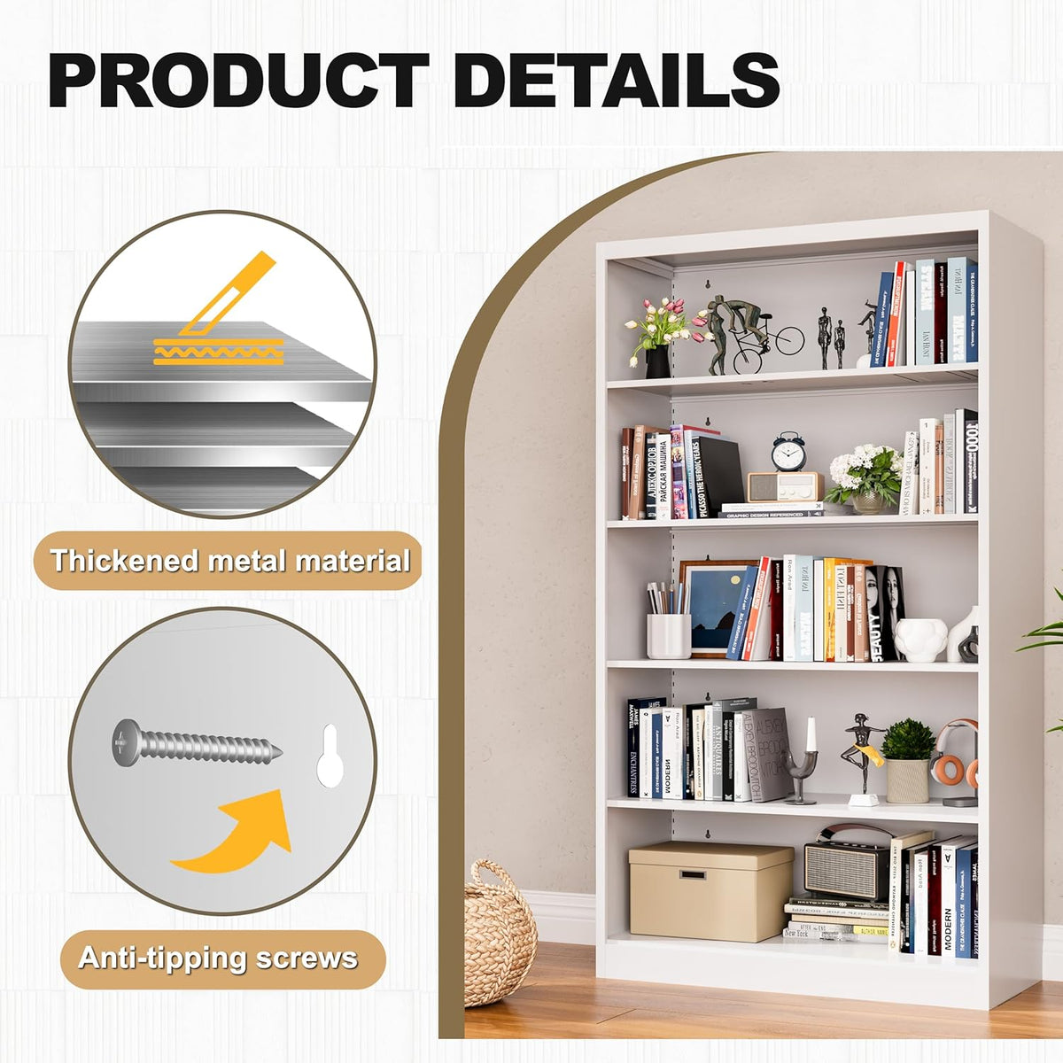 White Bookshelf, 55” Adjustable Tall Metal Bookshelf, 5-Tier Wide Bookshelf with Anti-Tilt Device