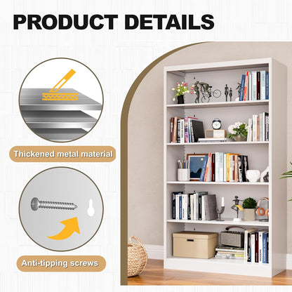 White Bookshelf, 55” Adjustable Tall Metal Bookshelf, 5-Tier Wide Bookshelf with Anti-Tilt Device